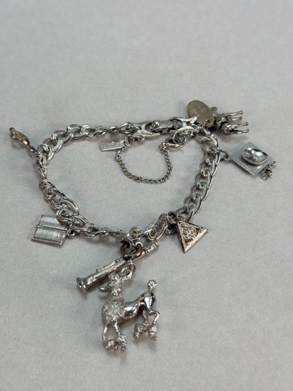Monet Silver Tone Charm Bracelet Poodle Book Rifle Camping Vintage